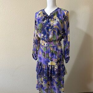Figueroa & Flower Purple Floral Tiered Long Sleeve Key Hole Tie Neck Dress